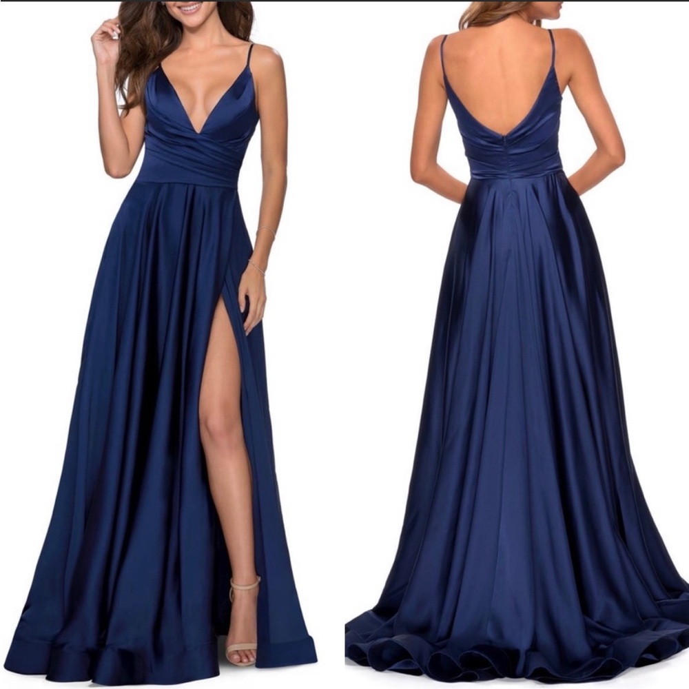 LA FEMME Ruched Satin Navy Blue Gown